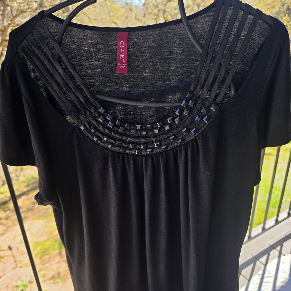 Gitano Black Short Sleeve Top with Decorative Multi-Strap Neckline